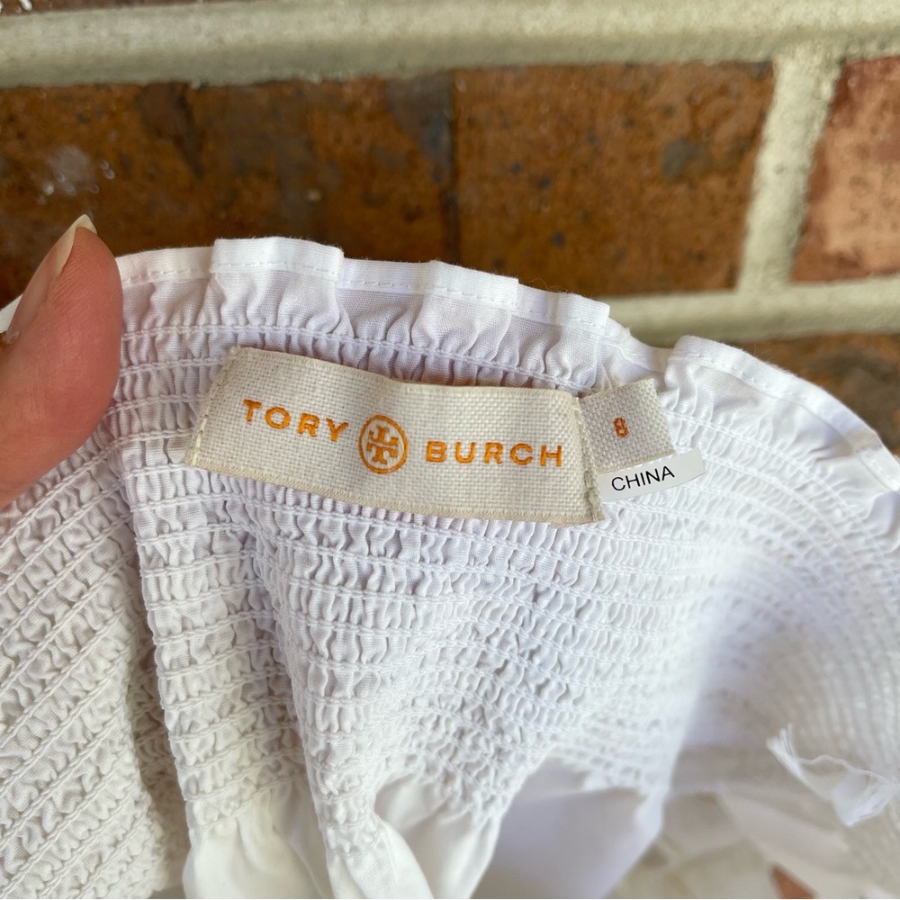 Tory Burch Eliza Off Shoulder Smocked Embroidered White Poplin Floral Top Size 8 - Picture 6 of 10